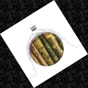 Book Spines Cabochon Pendant Necklace in Silver To
